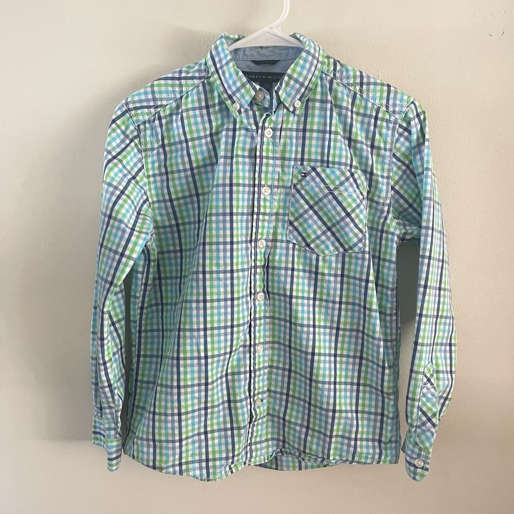 Tommy Hilfiger Boys Plaid Button Down Shirt M 12/14 Green Blue Gingham Long